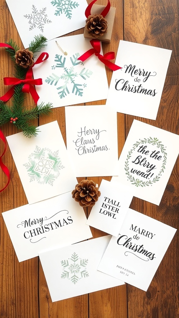 A variety of creatively designed Christmas cards on a wooden table, showcasing different styles and themes.